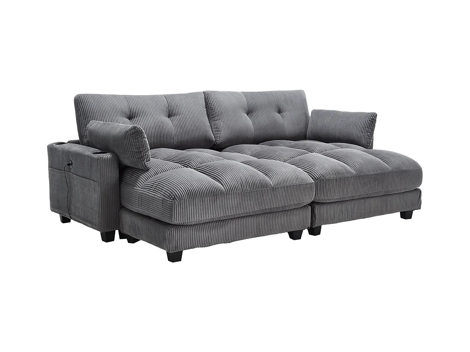 Canapé 1 place avec accoudoirs - Canapé relaxation avec 2 porte-gobelets et poches latérales - velours côtelé gris