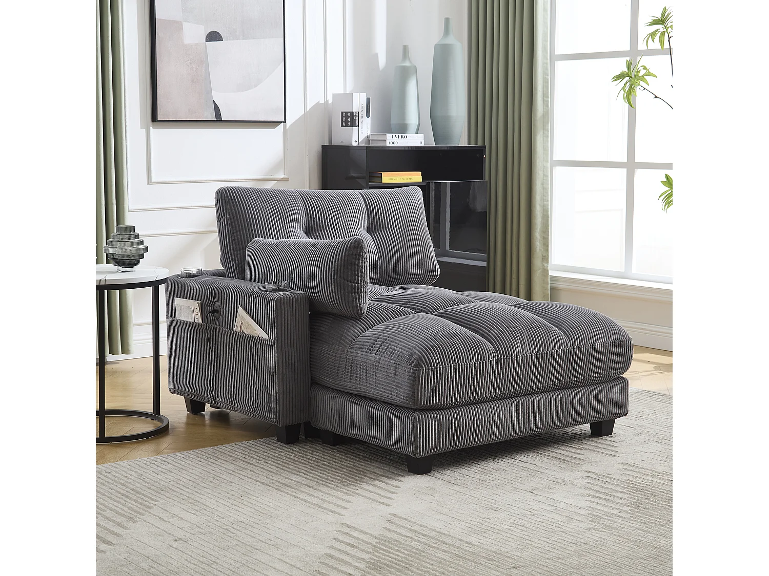 Canapé 1 place avec accoudoirs - Canapé relaxation avec 2 porte-gobelets et poches latérales - velours côtelé gris