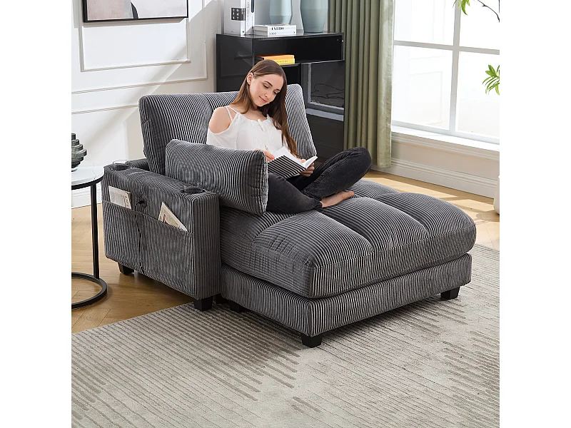 Sofa 1-osobowa z podłokietnikami - Sofa relaksacyjna z 2 uchwytami na kubki i kieszeniami bocznymi - szary sztruks