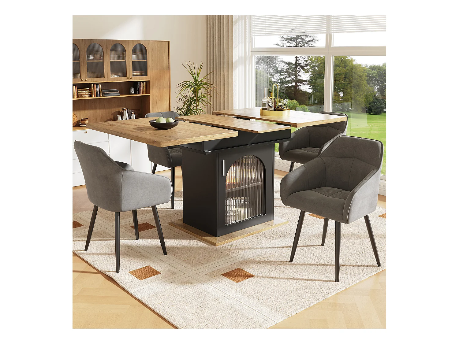 Table à manger extensible blanc - Table à manger avec trois compartiments de rangement et portes vitrées - plateau en bois - rangement ouvert