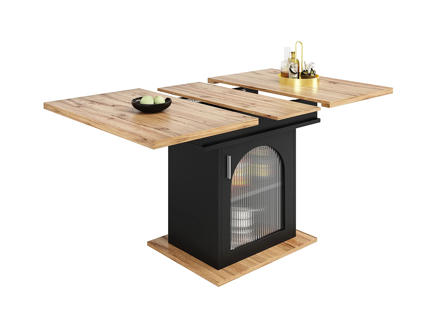 Table à manger extensible blanc - Table à manger avec trois compartiments de rangement et portes vitrées - plateau en bois - rangement ouvert