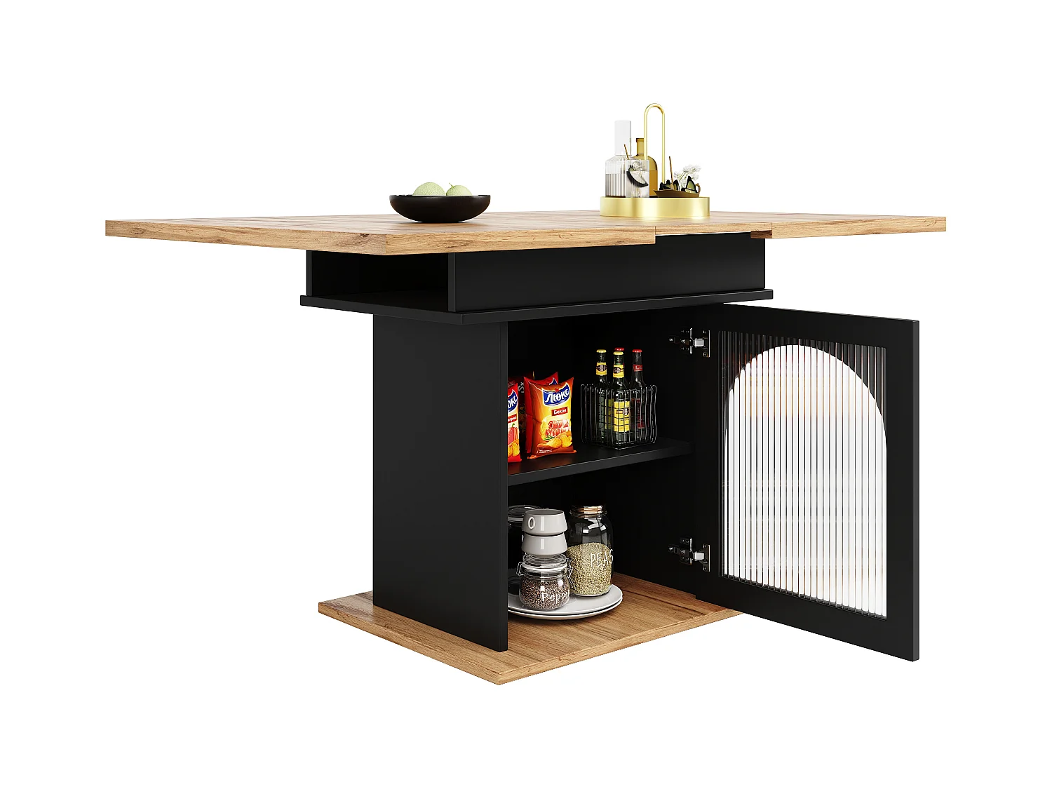 Table à manger extensible blanc - Table à manger avec trois compartiments de rangement et portes vitrées - plateau en bois - rangement ouvert