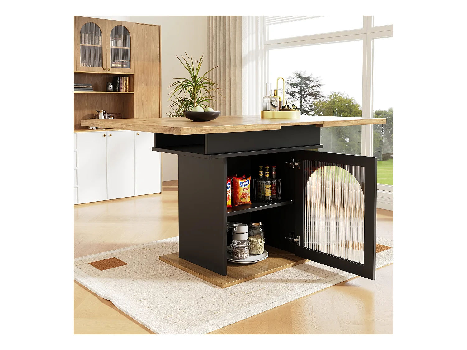 Tavolo da pranzo allungabile bianco - Tavolo da pranzo con tre vani portaoggetti e ante in vetro - piano in legno - vano portaoggetti aperto