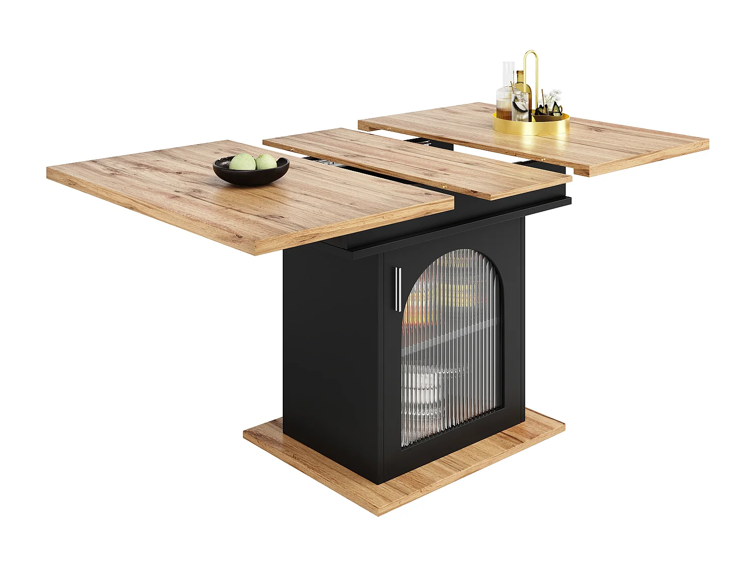 Table à manger extensible blanc - Table à manger avec trois compartiments de rangement et portes vitrées - plateau en bois - rangement ouvert