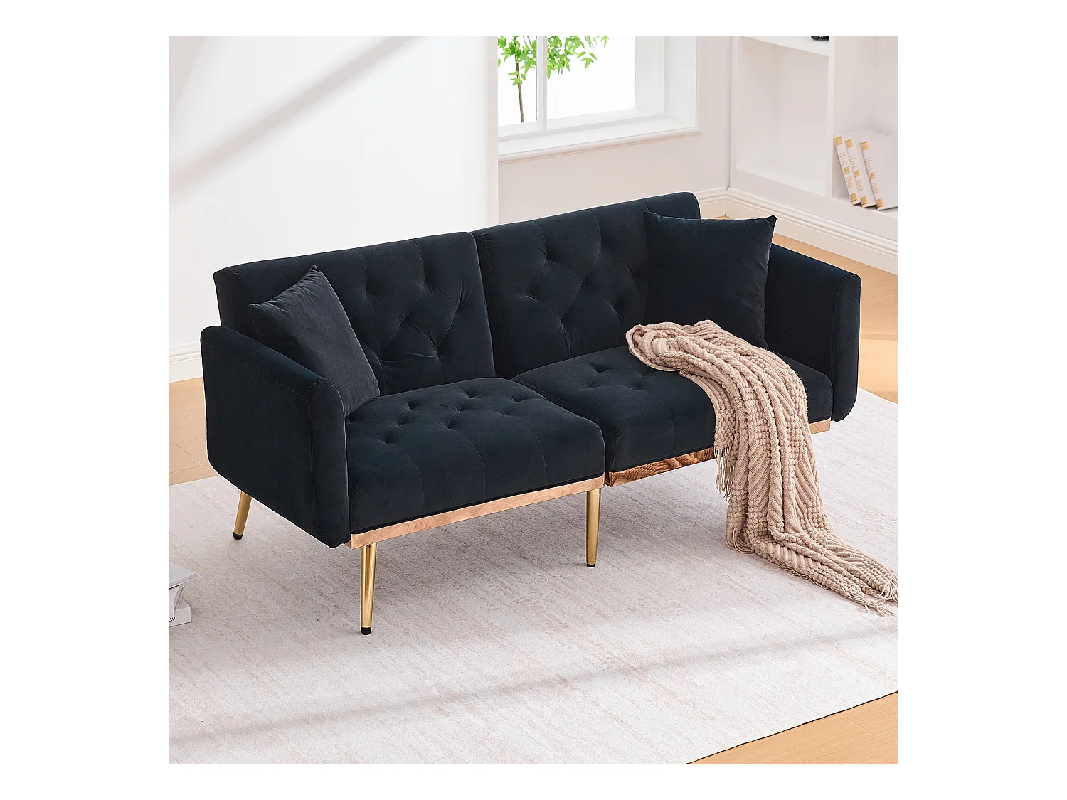 Canapé 2 places avec accoudoirs - Canapé droit avec dossier réglable et 2 coussins - velours noir