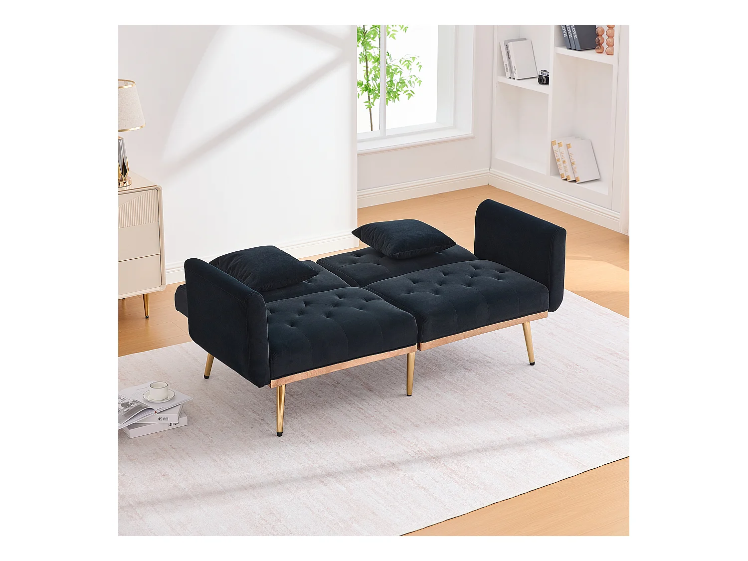 Canapé 2 places avec accoudoirs - Canapé droit avec dossier réglable et 2 coussins - velours noir