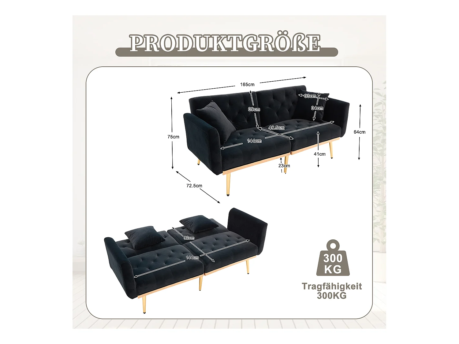 Canapé 2 places avec accoudoirs - Canapé droit avec dossier réglable et 2 coussins - velours noir