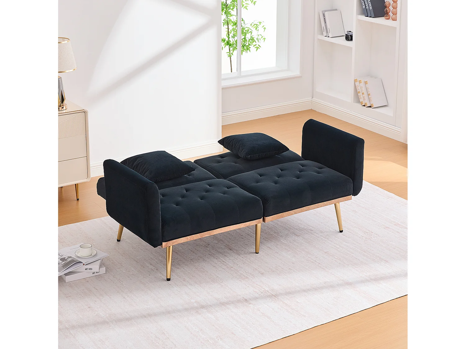 Sofá de 2 lugares com braços - Sofá reto com encosto ajustável e 2 almofadas - veludo preto