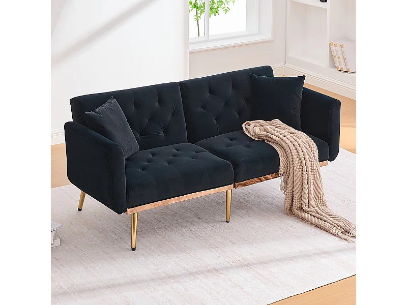 2-Sitzer-Sofa mit Armlehnen – Gerades Sofa mit verstellbarer Rückenlehne und 2 Kissen – schwarzer Samt