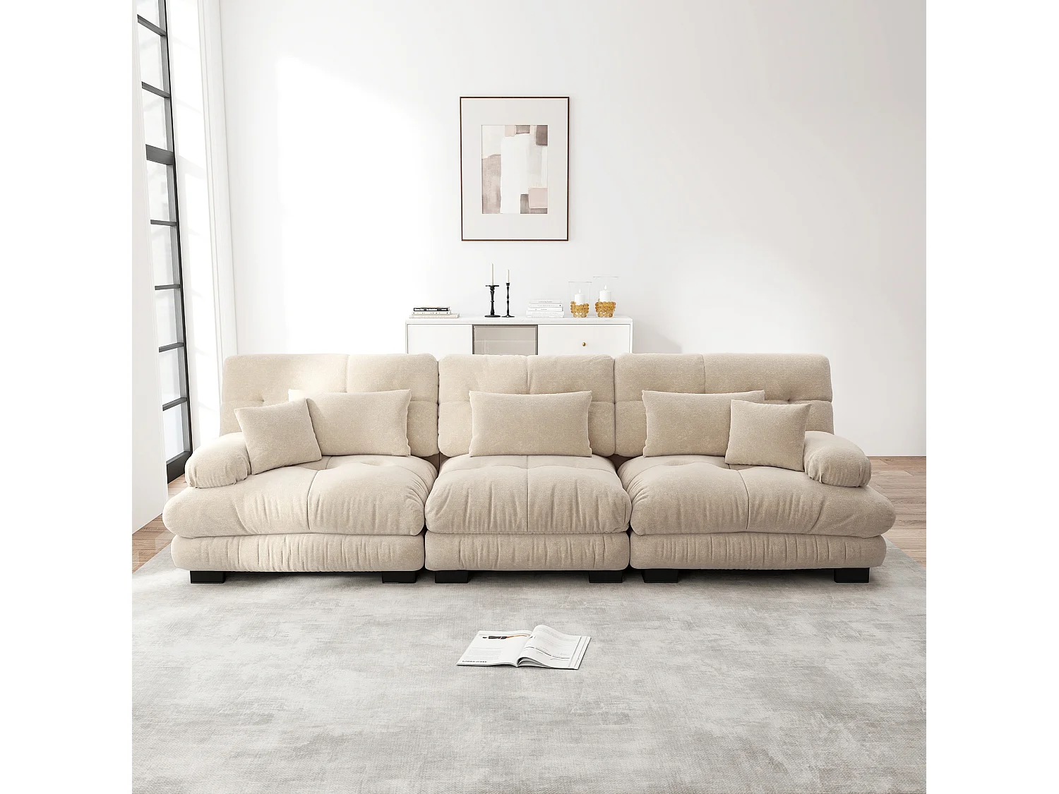 Canapé 3 places beige - Canapé droit avec 3 coussins lombaires et 3 coussins décoratifs - chenille