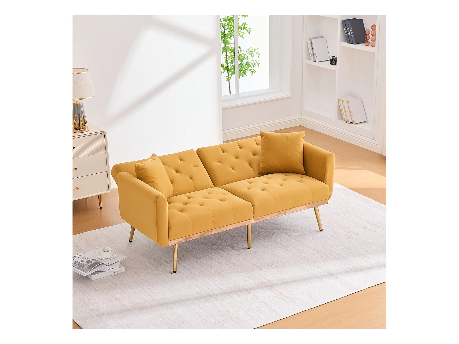 Canapé 2 places avec accoudoirs - Canapé droit avec dossier réglable et 2 coussins - velours jaune