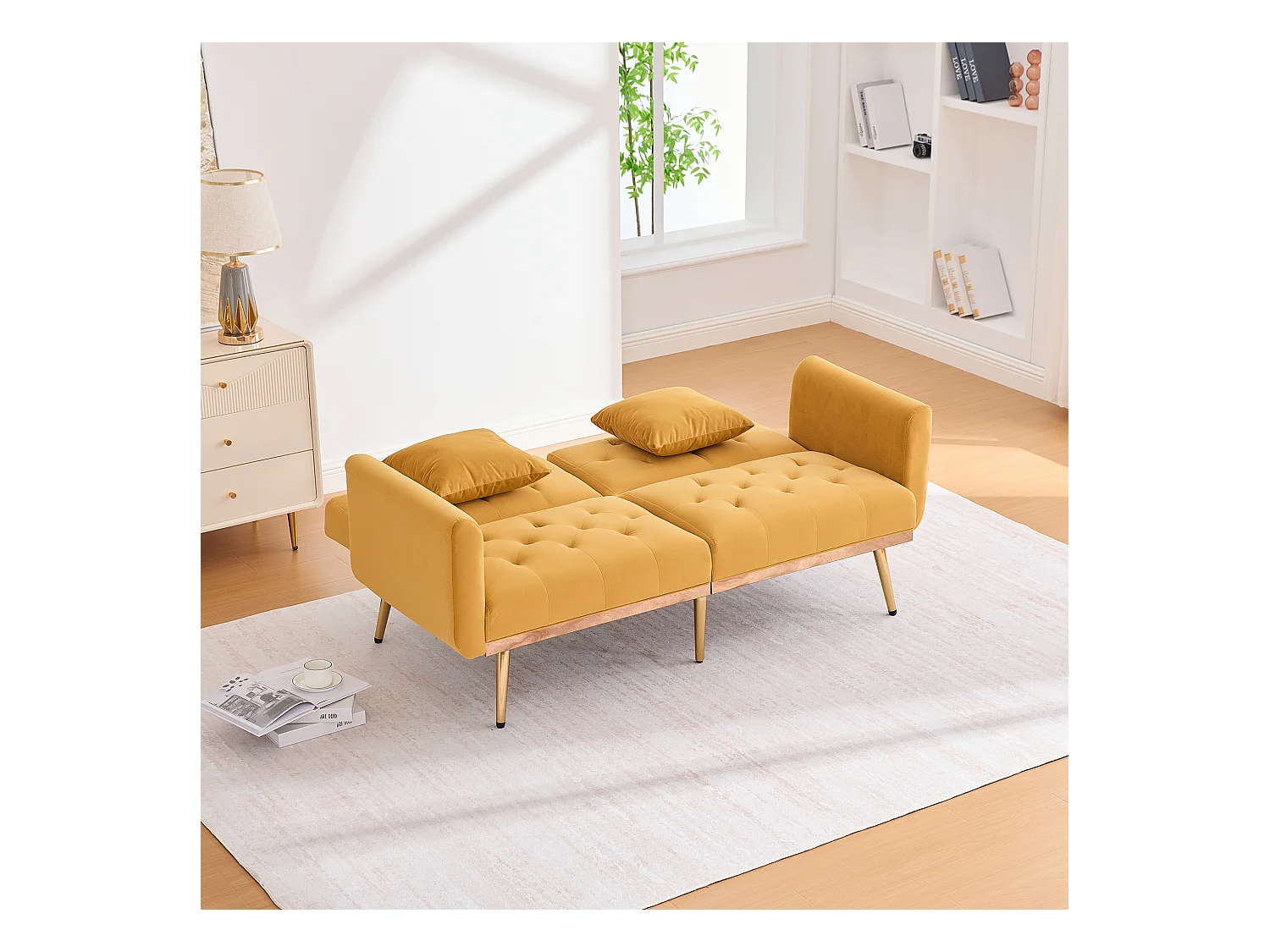 Canapé 2 places avec accoudoirs - Canapé droit avec dossier réglable et 2 coussins - velours jaune