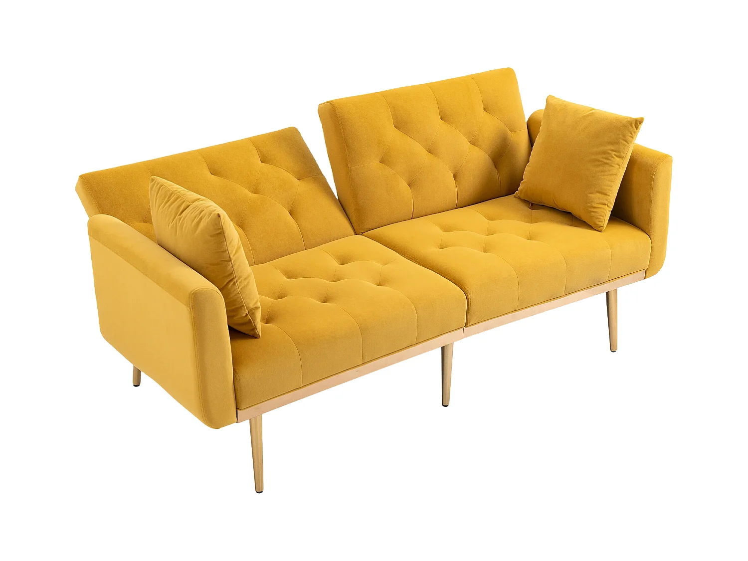 Canapé 2 places avec accoudoirs - Canapé droit avec dossier réglable et 2 coussins - velours jaune