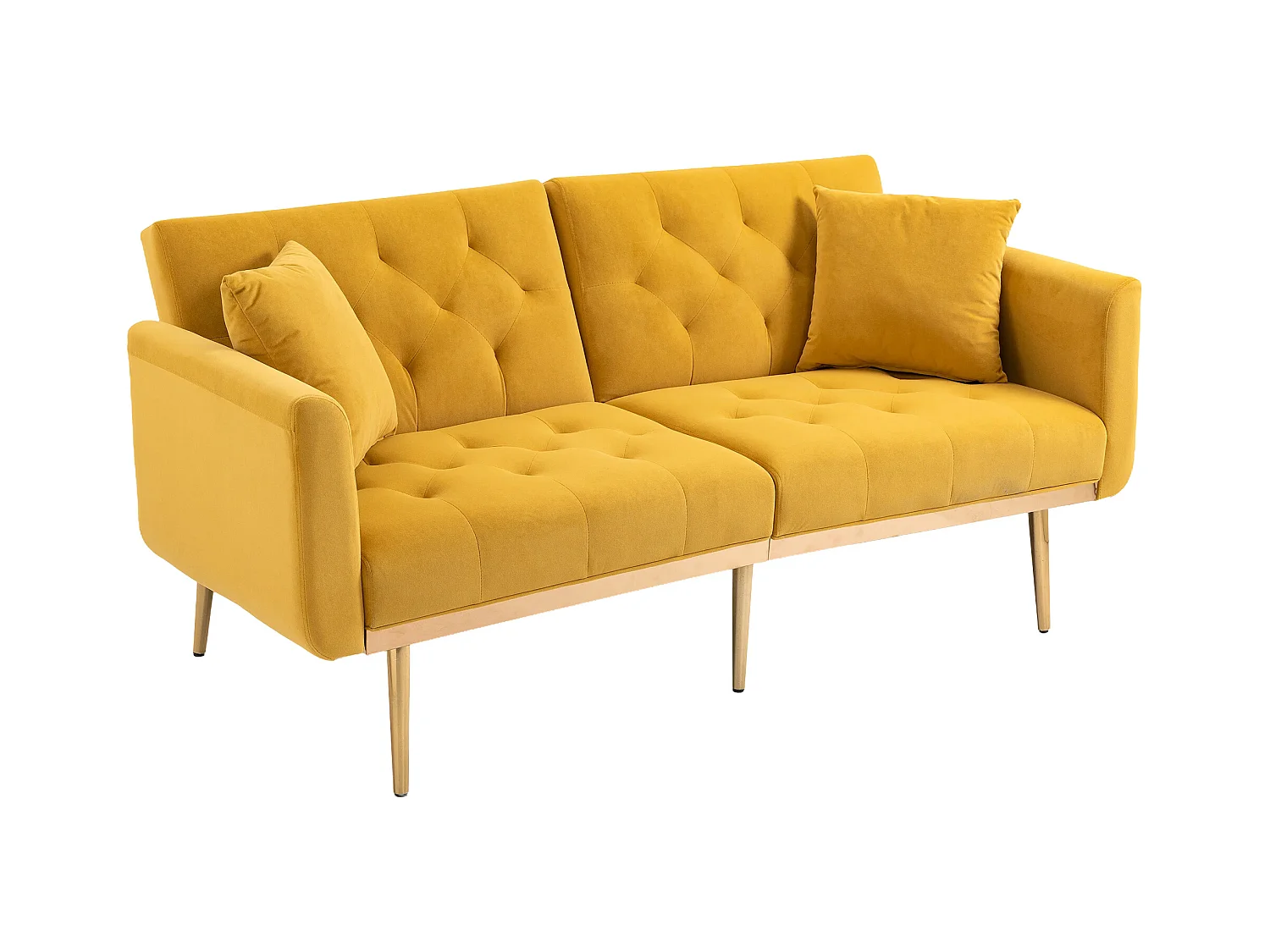 Canapé 2 places avec accoudoirs - Canapé droit avec dossier réglable et 2 coussins - velours jaune