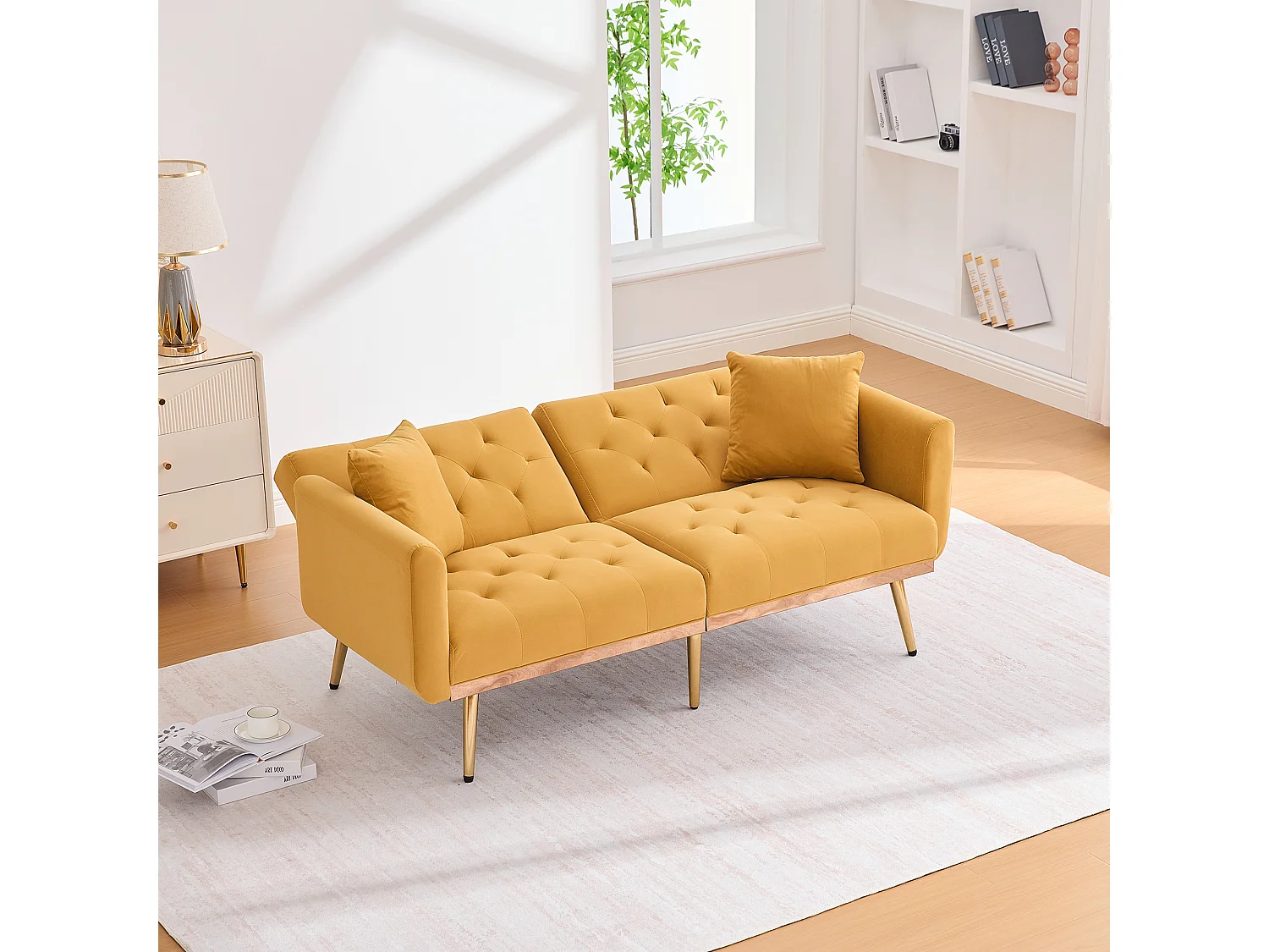 Sofá de 2 lugares com braços - Sofá reto com encosto ajustável e 2 almofadas - veludo amarelo