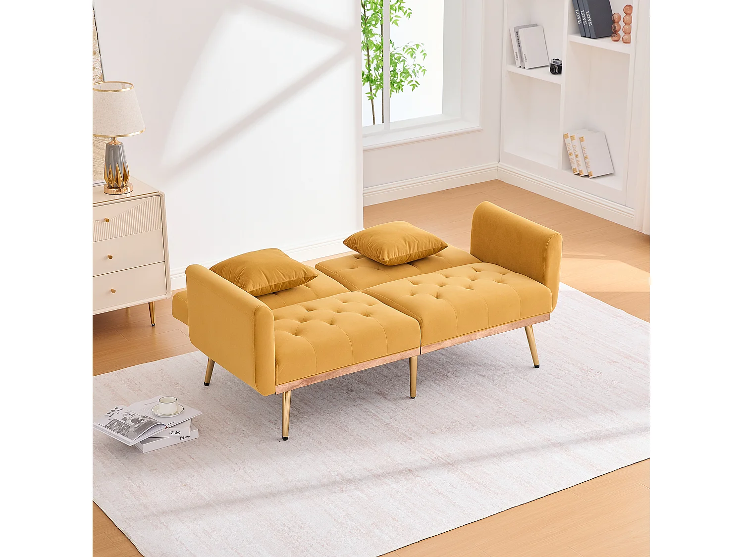 Sofá de 2 lugares com braços - Sofá reto com encosto ajustável e 2 almofadas - veludo amarelo