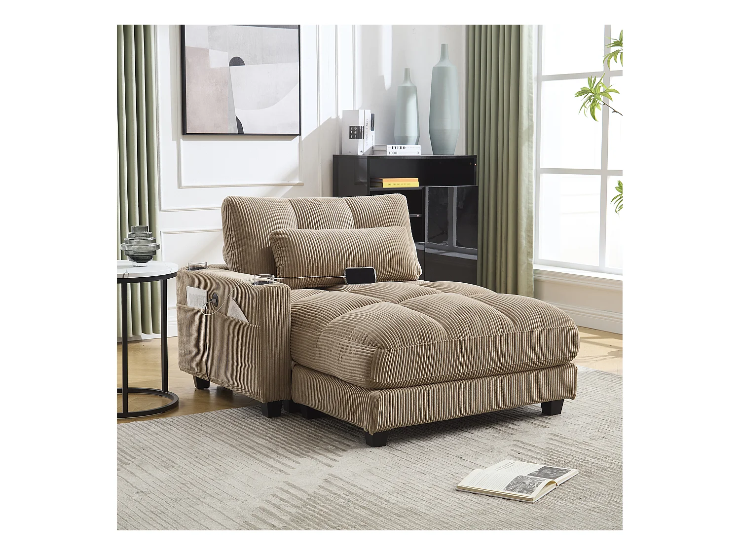 Canapé 1 place avec accoudoirs - Canapé relaxation avec 2 porte-gobelets et poches latérales - velours côtelé kaki