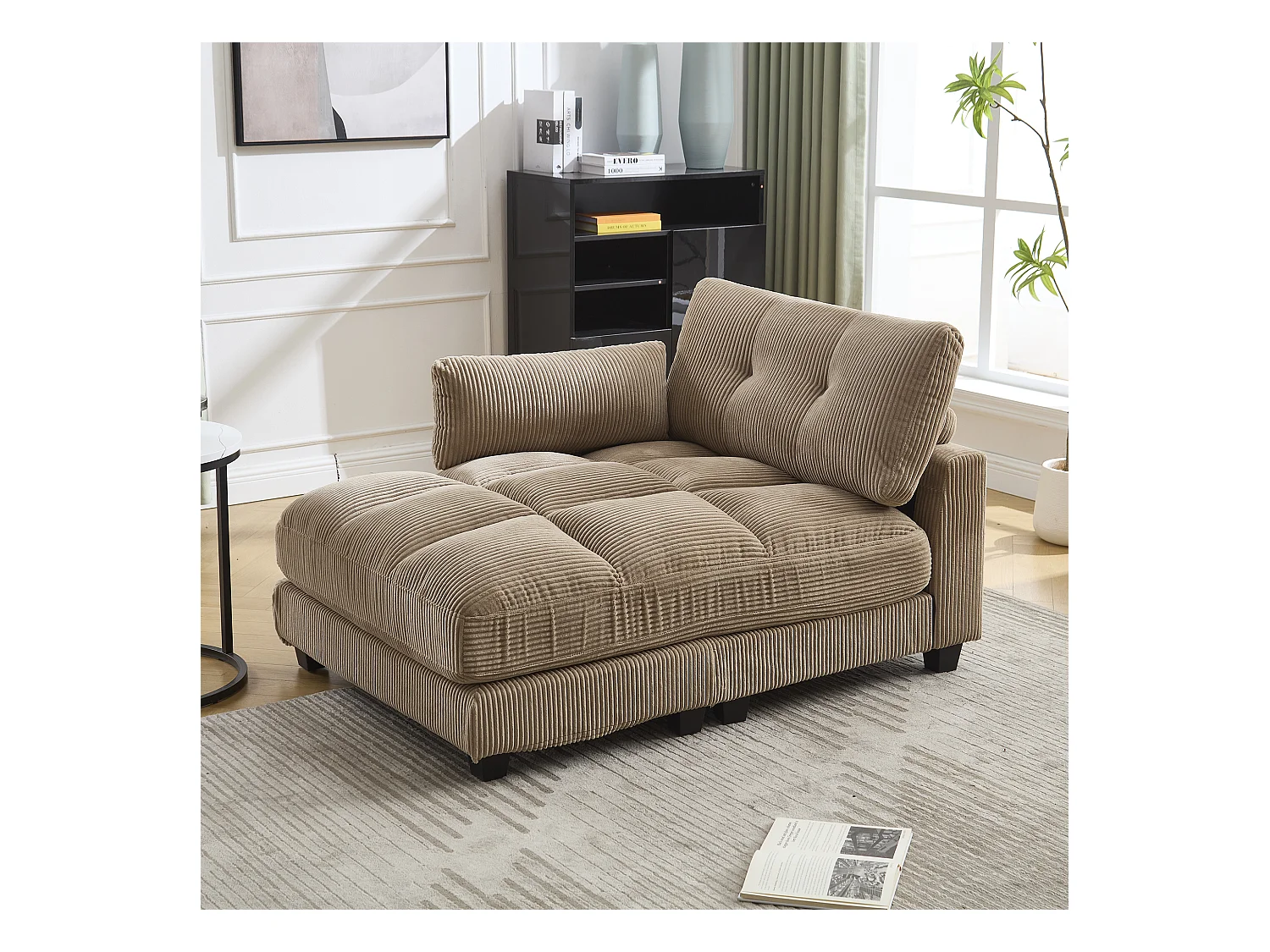 Canapé 1 place avec accoudoirs - Canapé relaxation avec 2 porte-gobelets et poches latérales - velours côtelé kaki