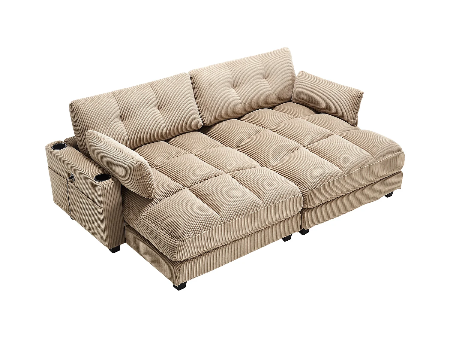 Canapé 1 place avec accoudoirs - Canapé relaxation avec 2 porte-gobelets et poches latérales - velours côtelé kaki