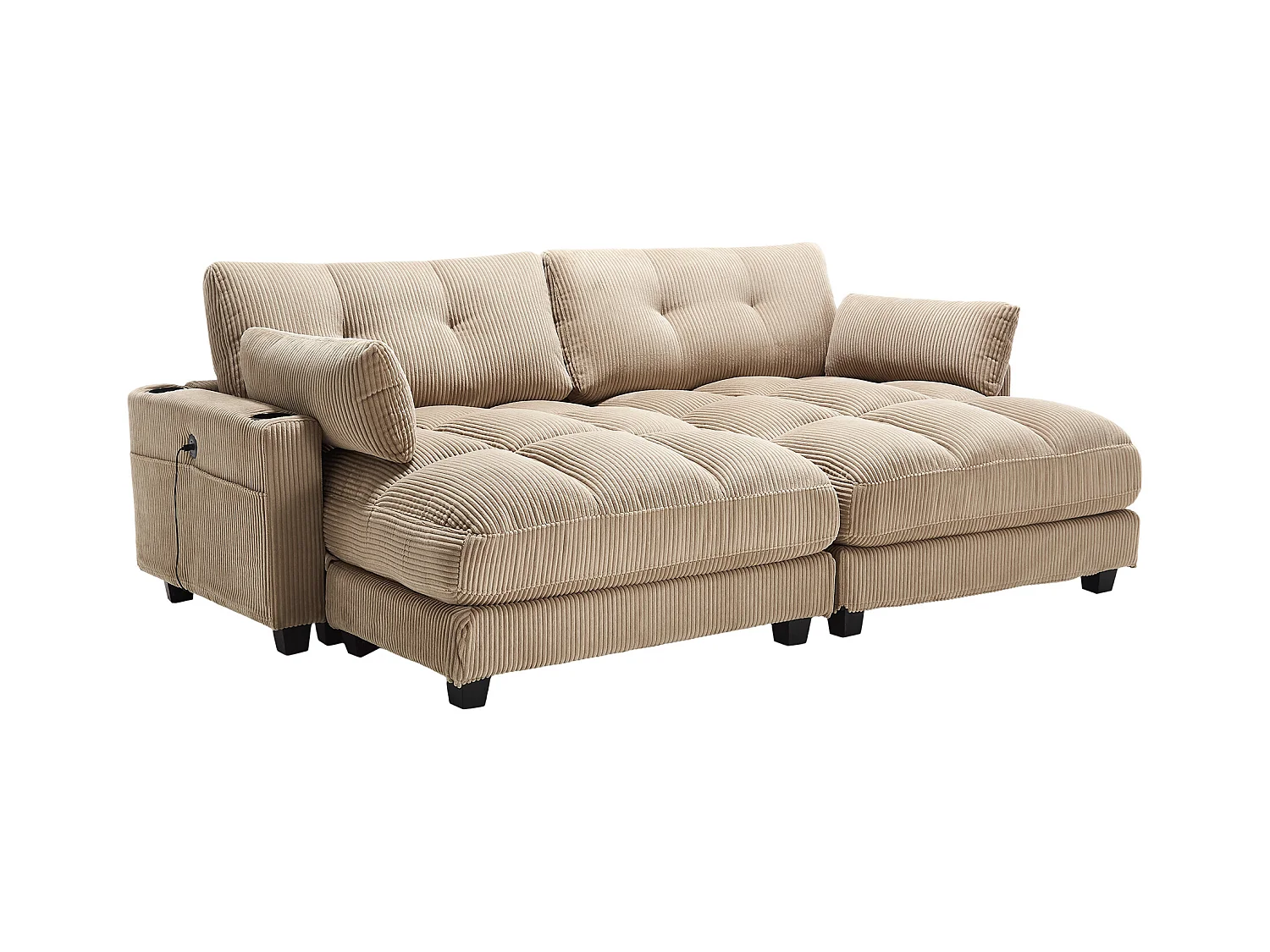 Canapé 1 place avec accoudoirs - Canapé relaxation avec 2 porte-gobelets et poches latérales - velours côtelé kaki