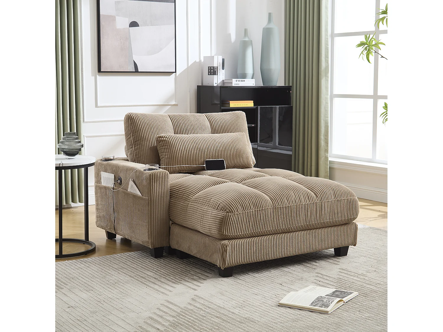 Canapé 1 place avec accoudoirs - Canapé relaxation avec 2 porte-gobelets et poches latérales - velours côtelé kaki