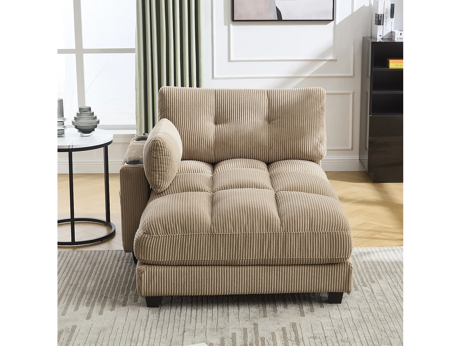 Canapé 1 place avec accoudoirs - Canapé relaxation avec 2 porte-gobelets et poches latérales - velours côtelé kaki