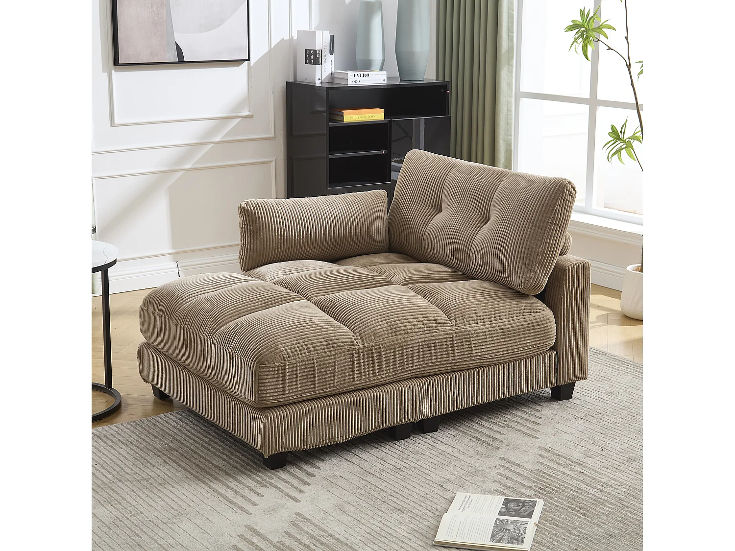 Canapé 1 place avec accoudoirs - Canapé relaxation avec 2 porte-gobelets et poches latérales - velours côtelé kaki