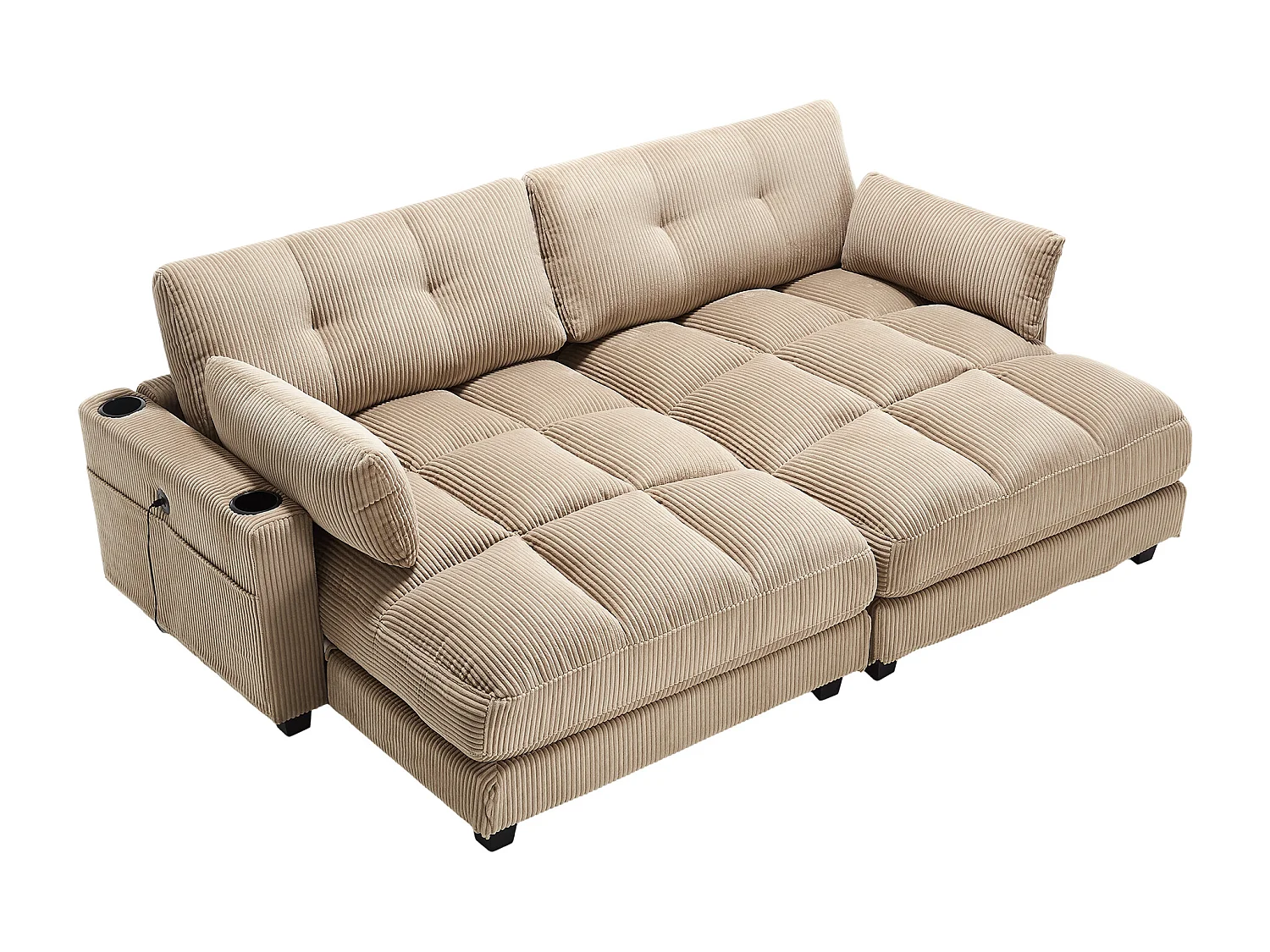 Canapé 1 place avec accoudoirs - Canapé relaxation avec 2 porte-gobelets et poches latérales - velours côtelé kaki