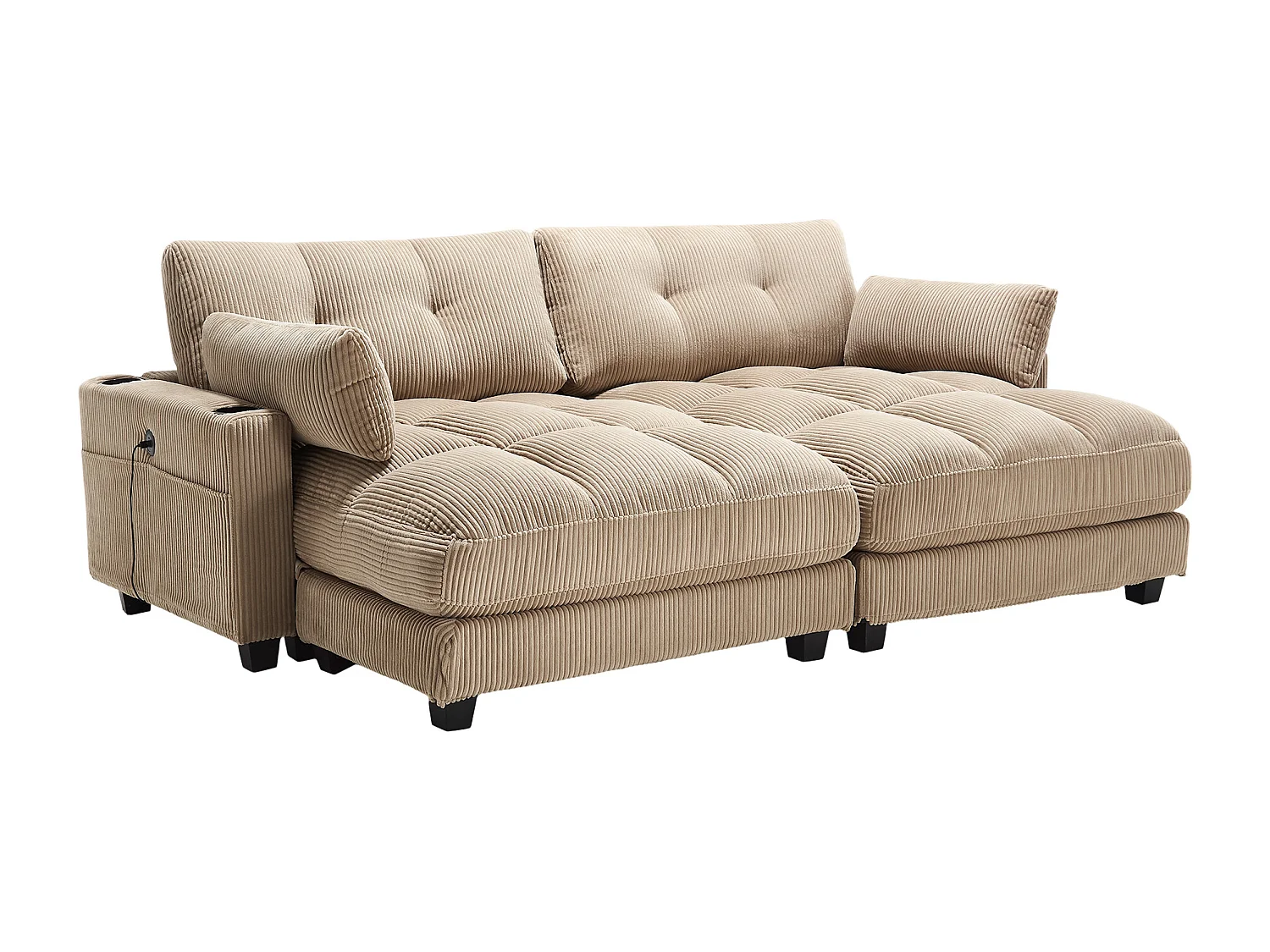 Canapé 1 place avec accoudoirs - Canapé relaxation avec 2 porte-gobelets et poches latérales - velours côtelé kaki