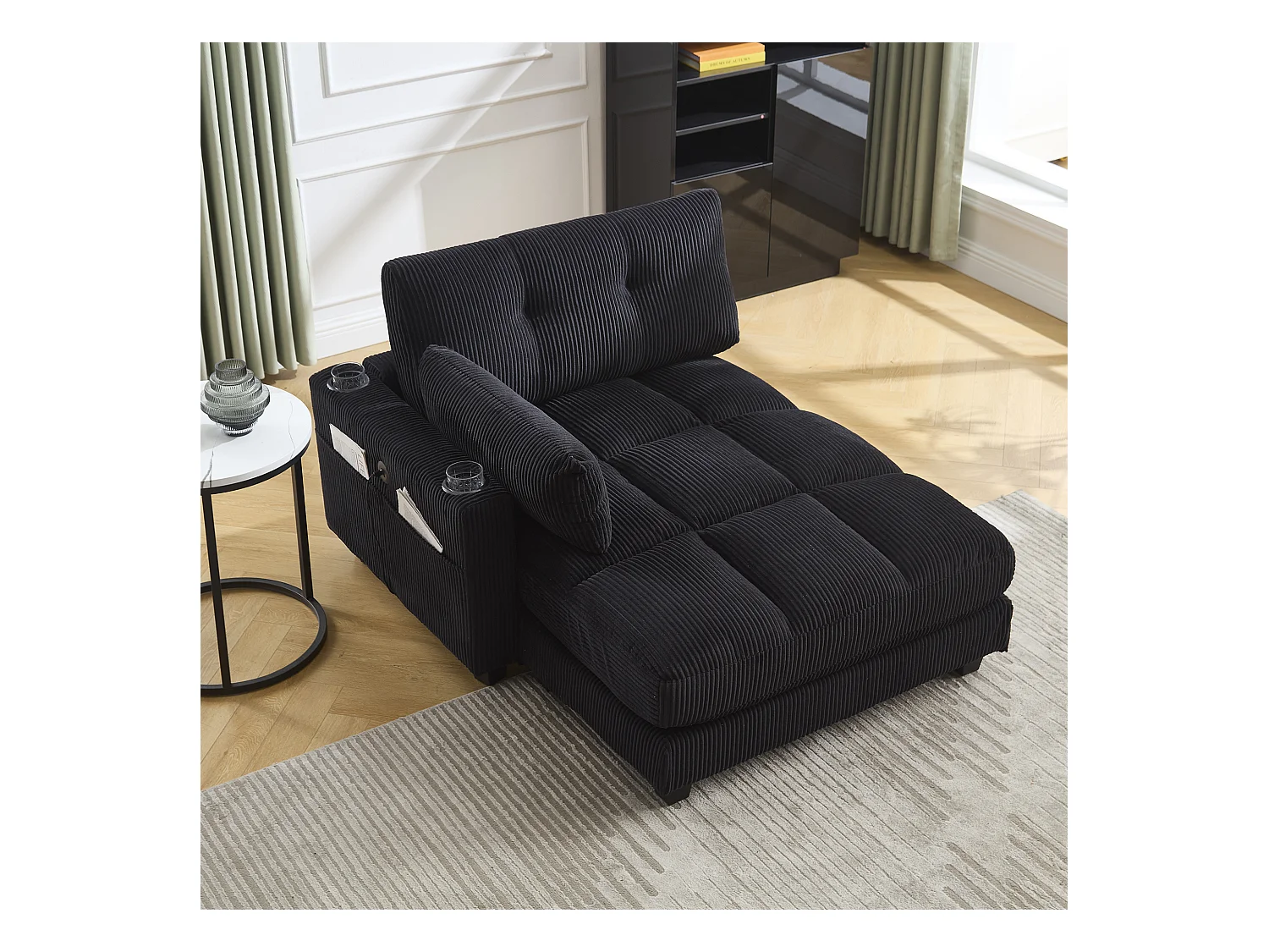 Canapé 1 place avec accoudoirs - Canapé relaxation avec 2 porte-gobelets et poches latérales - velours côtelé noir