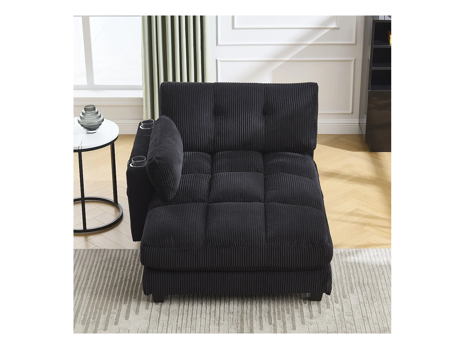 Canapé 1 place avec accoudoirs - Canapé relaxation avec 2 porte-gobelets et poches latérales - velours côtelé noir