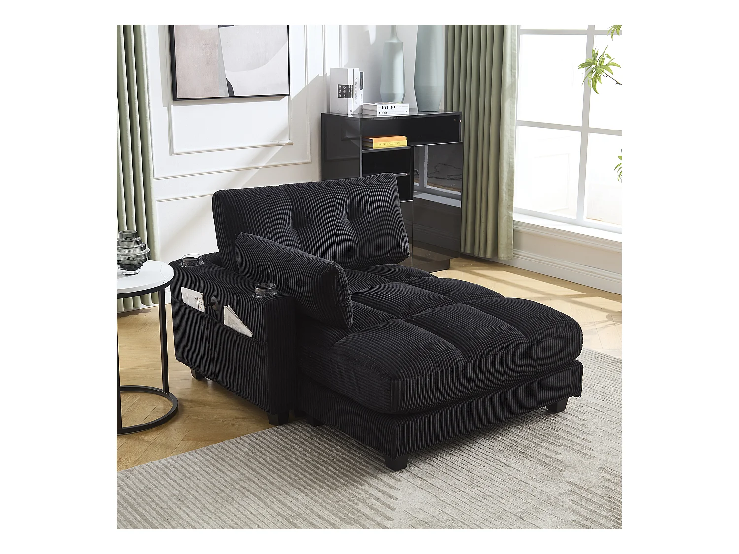 Canapé 1 place avec accoudoirs - Canapé relaxation avec 2 porte-gobelets et poches latérales - velours côtelé noir