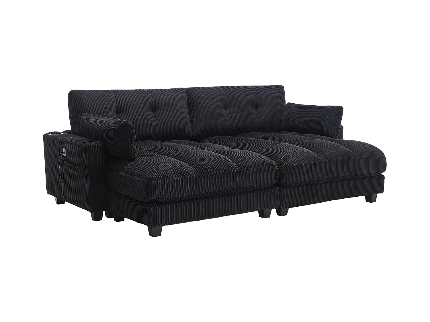 Canapé 1 place avec accoudoirs - Canapé relaxation avec 2 porte-gobelets et poches latérales - velours côtelé noir