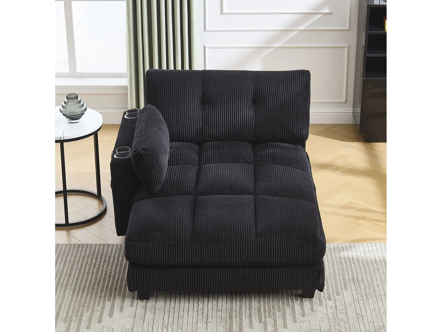 Canapé 1 place avec accoudoirs - Canapé relaxation avec 2 porte-gobelets et poches latérales - velours côtelé noir
