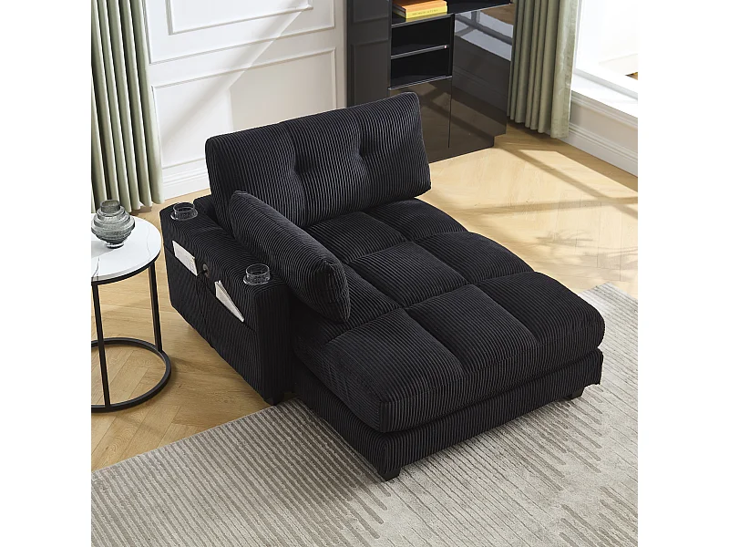 Sofa 1-osobowa z podłokietnikami - Sofa relaksacyjna z 2 uchwytami na kubki i kieszeniami bocznymi - czarny sztruks