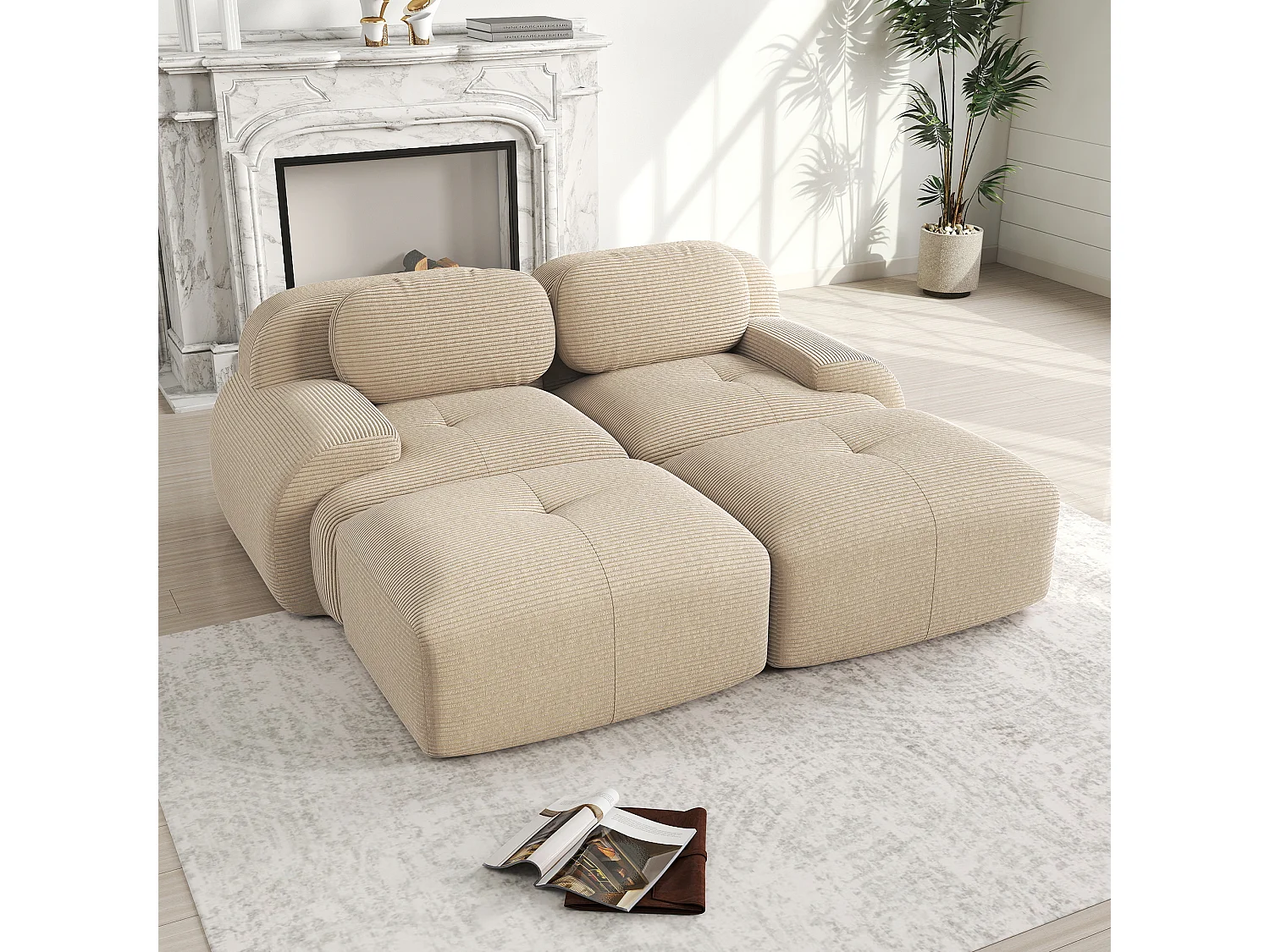 Canapé droit avec accoudoirs incurvés - Canapé 2 places avec dossier et coussins décoratifs - velours côtelé beige