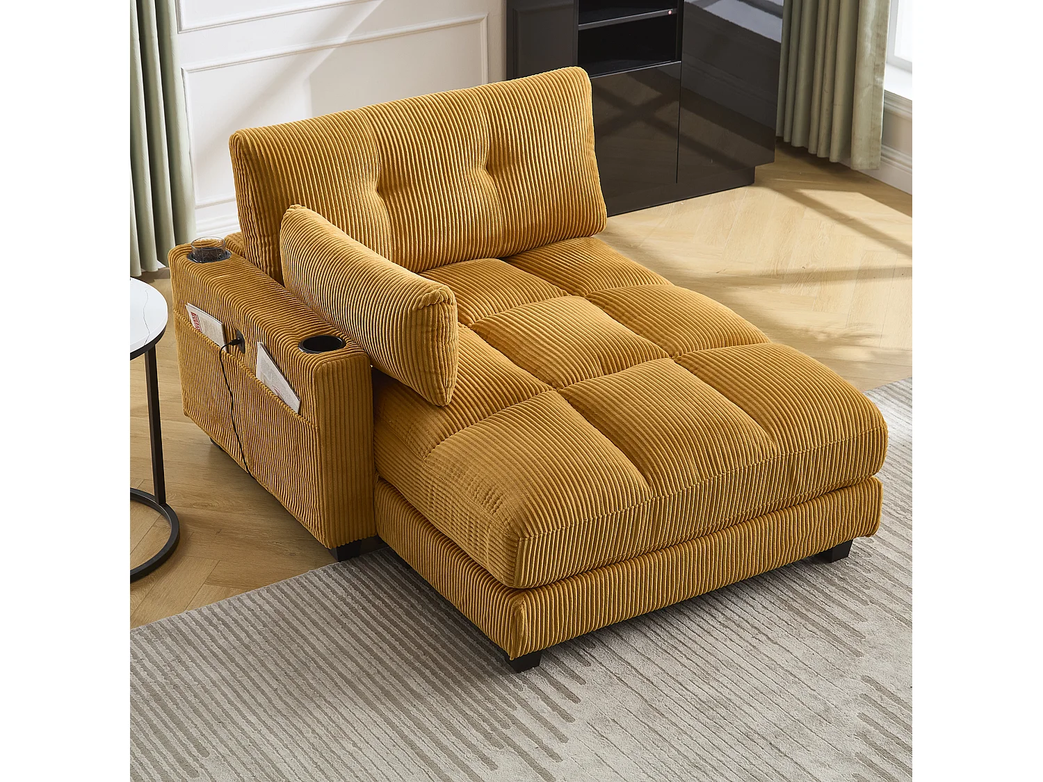 Canapé 1 place avec accoudoirs - Canapé relaxation avec 2 porte-gobelets et poches latérales - velours côtelé jaune