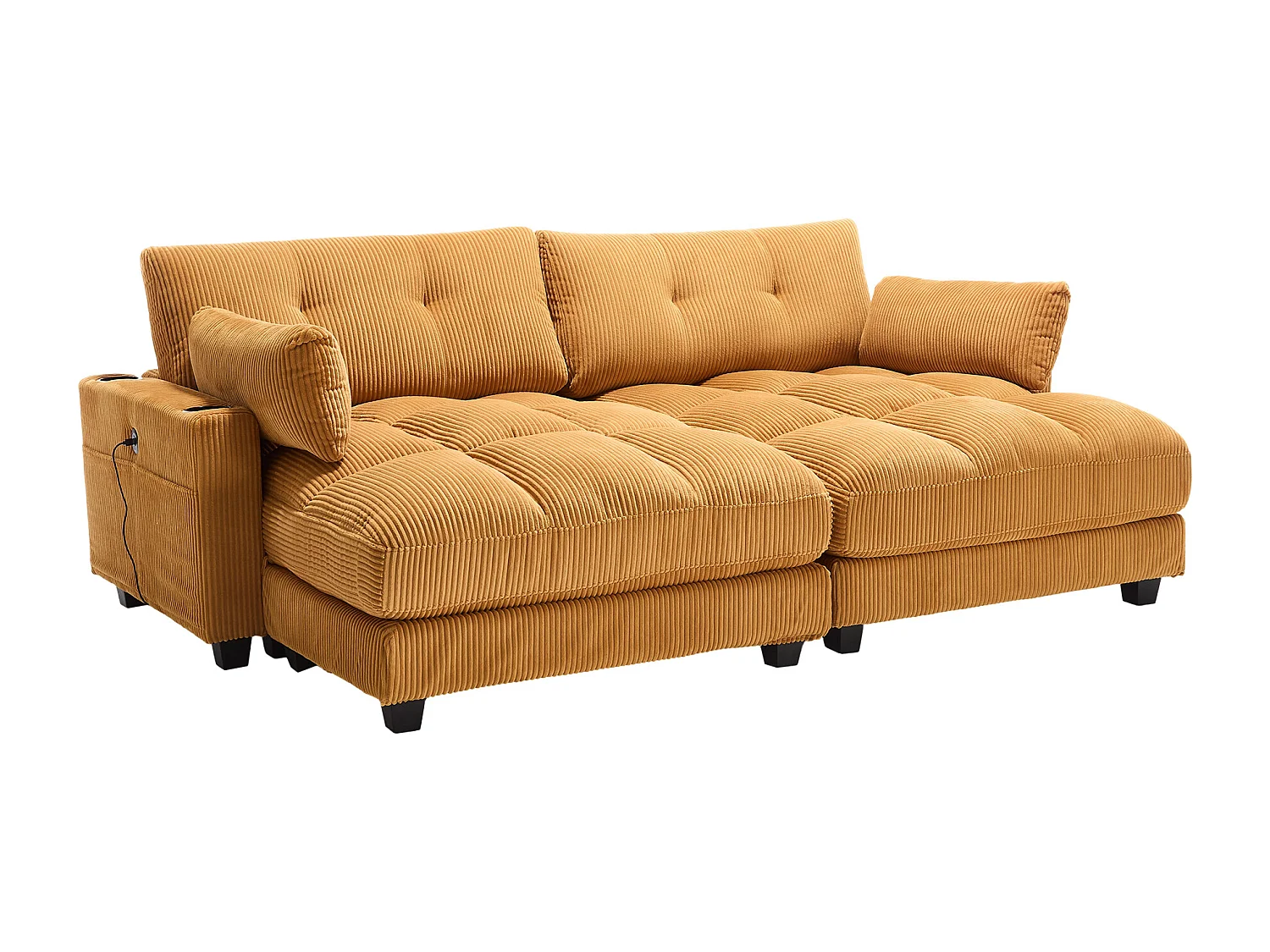 Canapé 1 place avec accoudoirs - Canapé relaxation avec 2 porte-gobelets et poches latérales - velours côtelé jaune