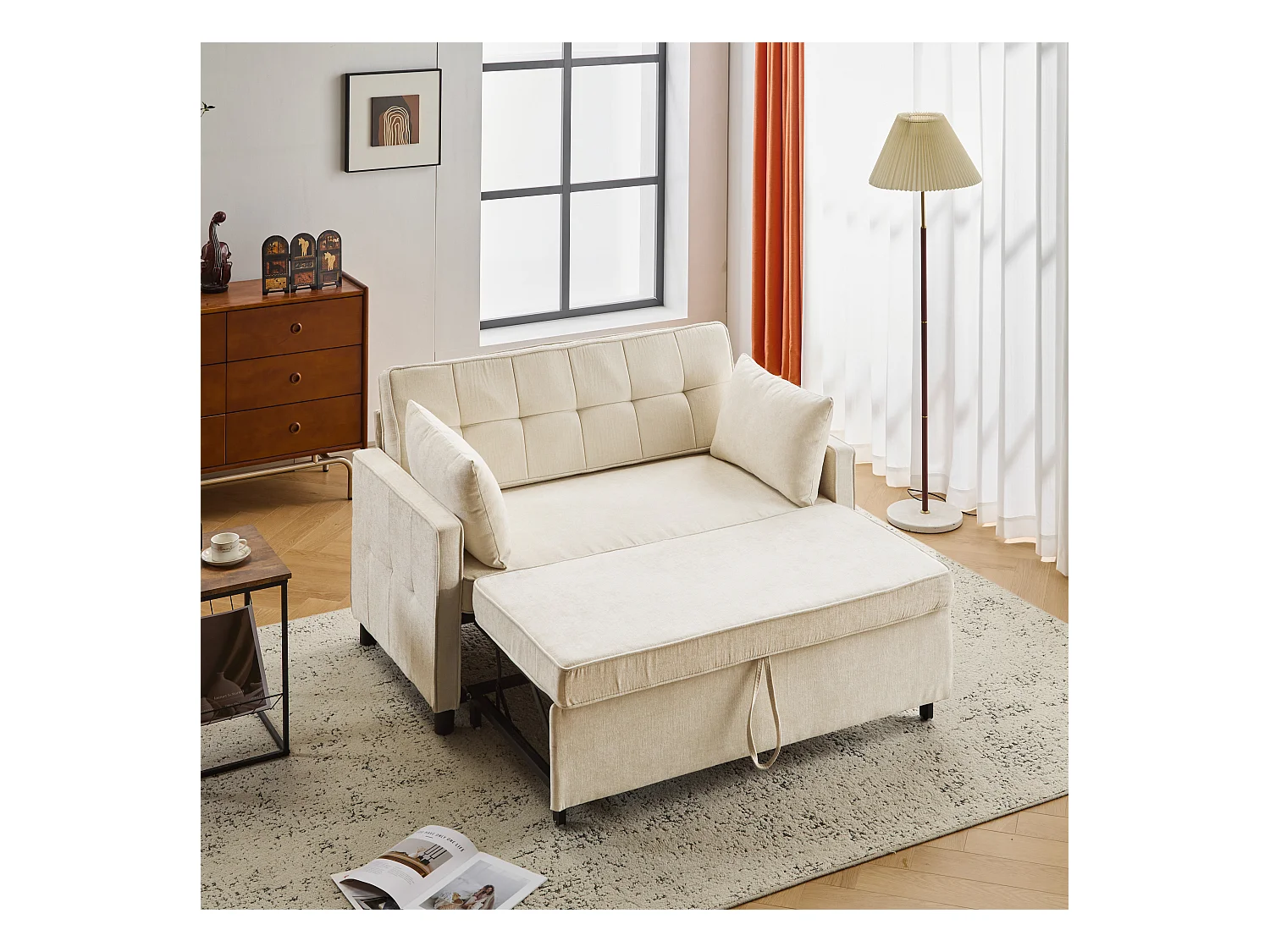 Sofa 2-osobowa beżowa - Sofa do salonu z regulowanym oparciem i funkcją rozkładania - 2 poduszki i podłokietniki - szenil