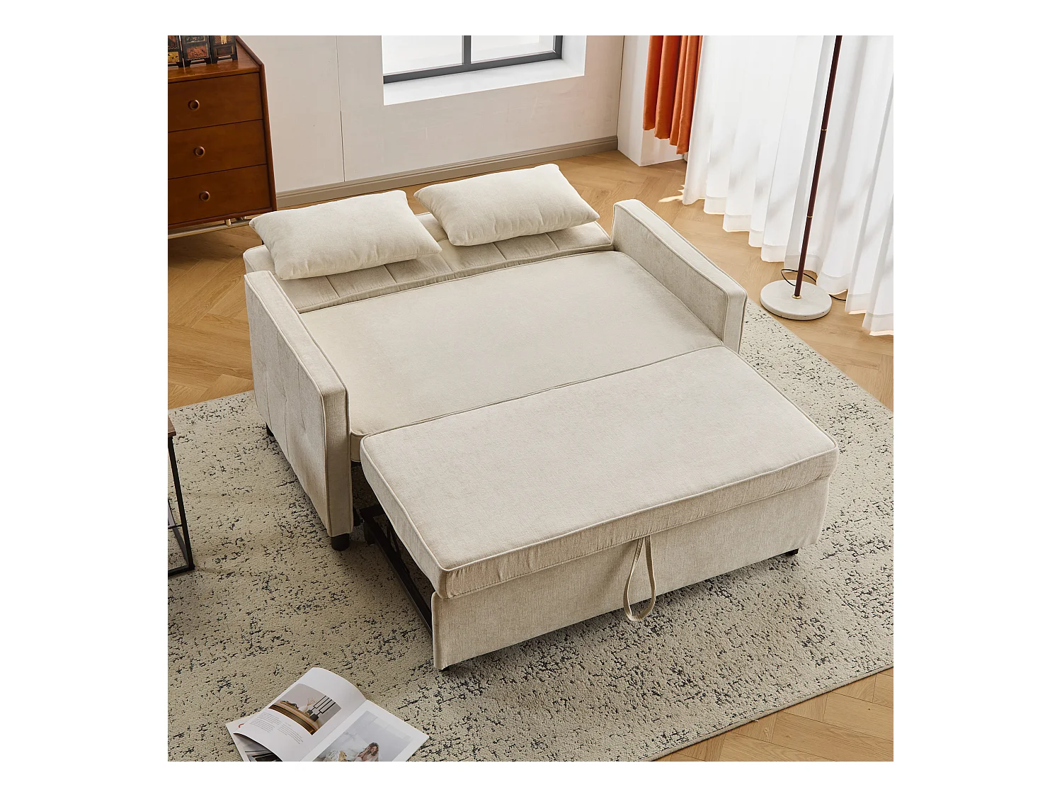 Sofa 2-osobowa beżowa - Sofa do salonu z regulowanym oparciem i funkcją rozkładania - 2 poduszki i podłokietniki - szenil