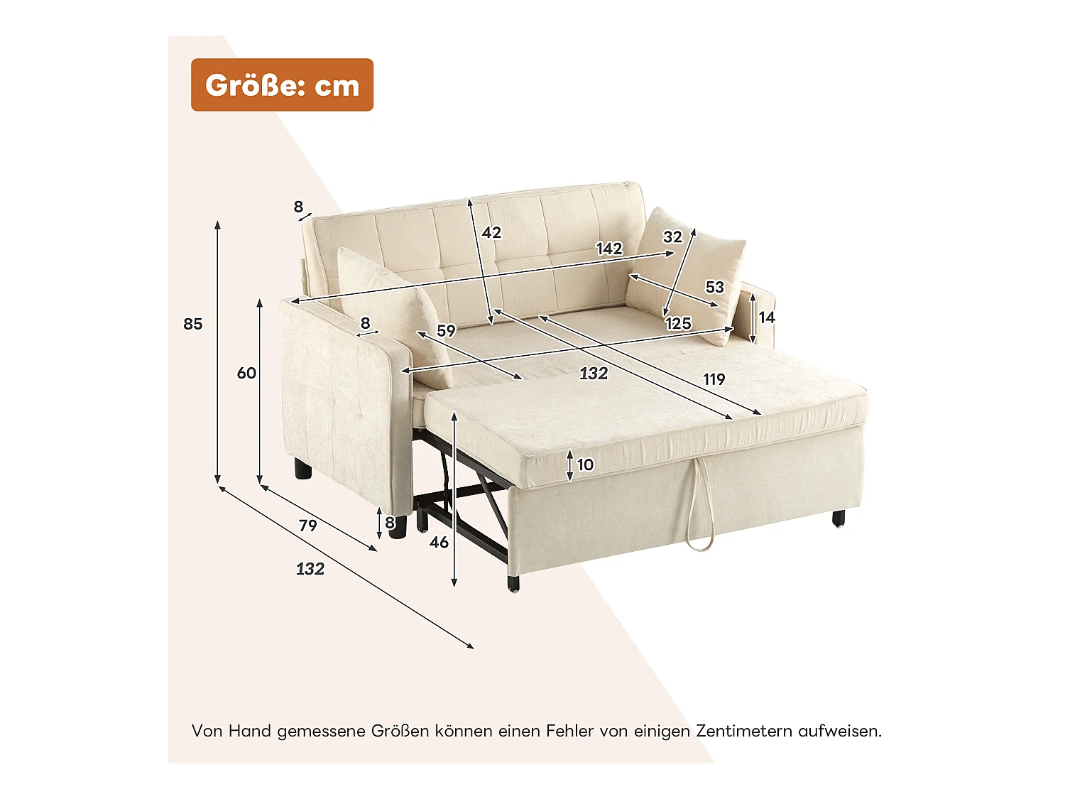 Sofa 2-osobowa beżowa - Sofa do salonu z regulowanym oparciem i funkcją rozkładania - 2 poduszki i podłokietniki - szenil