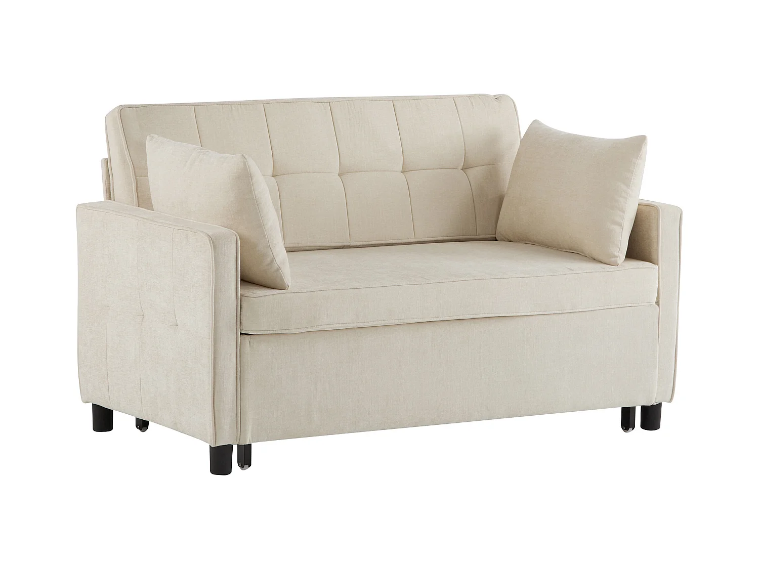 Sofa 2-osobowa beżowa - Sofa do salonu z regulowanym oparciem i funkcją rozkładania - 2 poduszki i podłokietniki - szenil