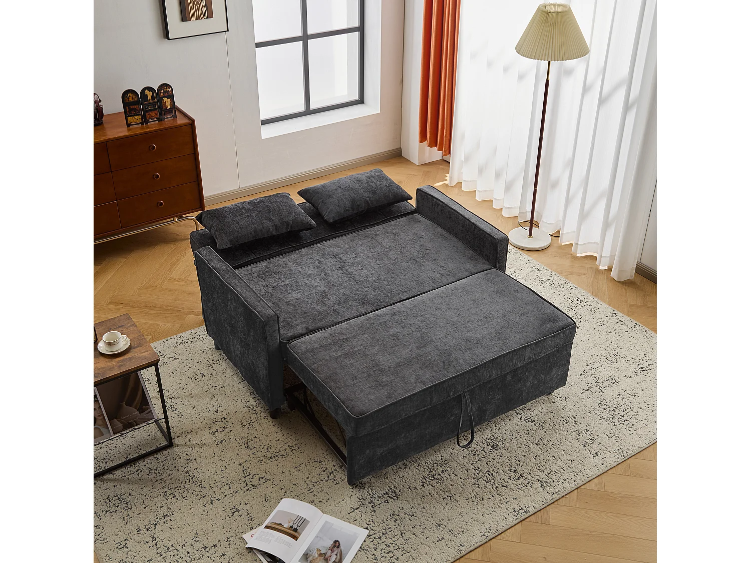 Canapé 2 places gris foncé - Canapé de salon avec dossier réglable et fonction lit gigogne - 2 coussins et accoudoirs - chenille