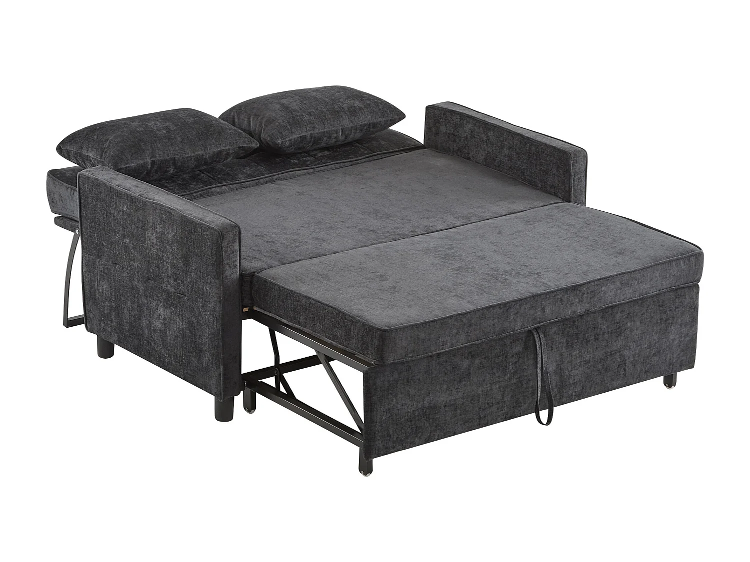 Canapé 2 places gris foncé - Canapé de salon avec dossier réglable et fonction lit gigogne - 2 coussins et accoudoirs - chenille