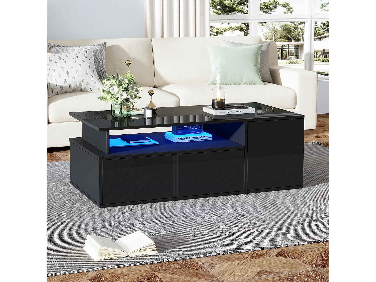 Table basse noire - Table basse avec éclairage LED et 2 tiroirs - rangement ouvert