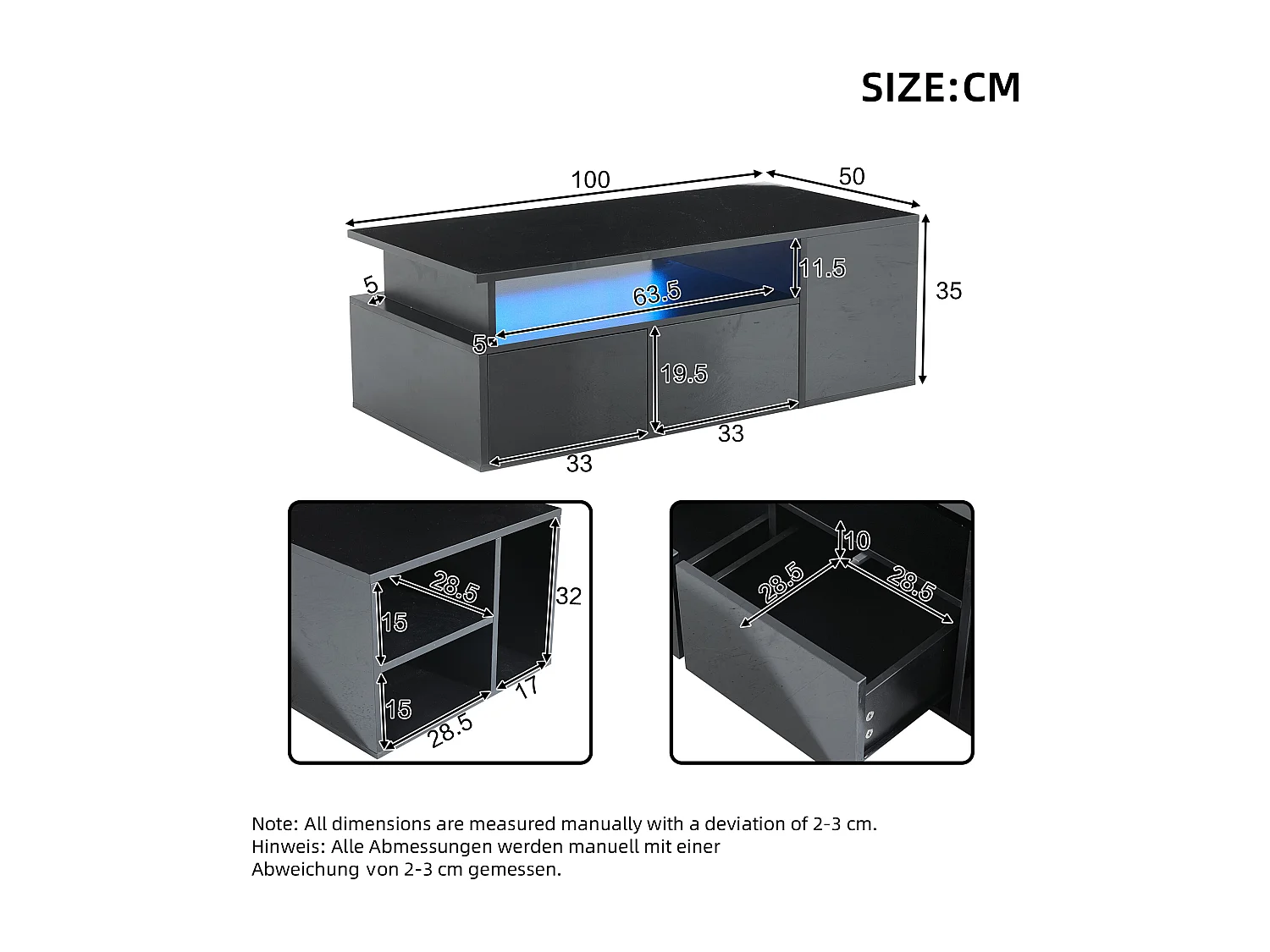 Table basse noire - Table basse avec éclairage LED et 2 tiroirs - rangement ouvert
