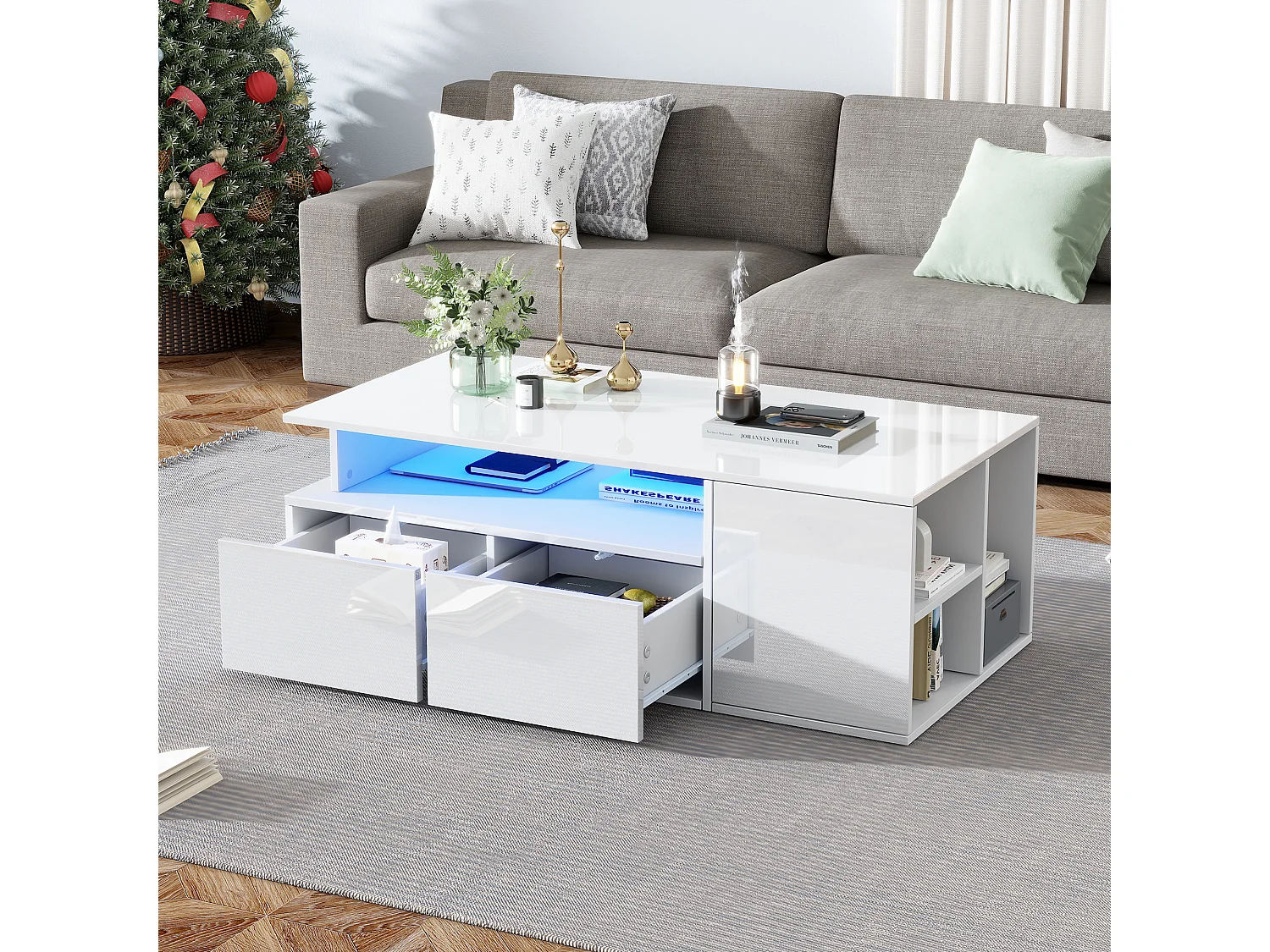 Table basse blanc - Table basse avec éclairage LED et 2 tiroirs - rangement ouvert