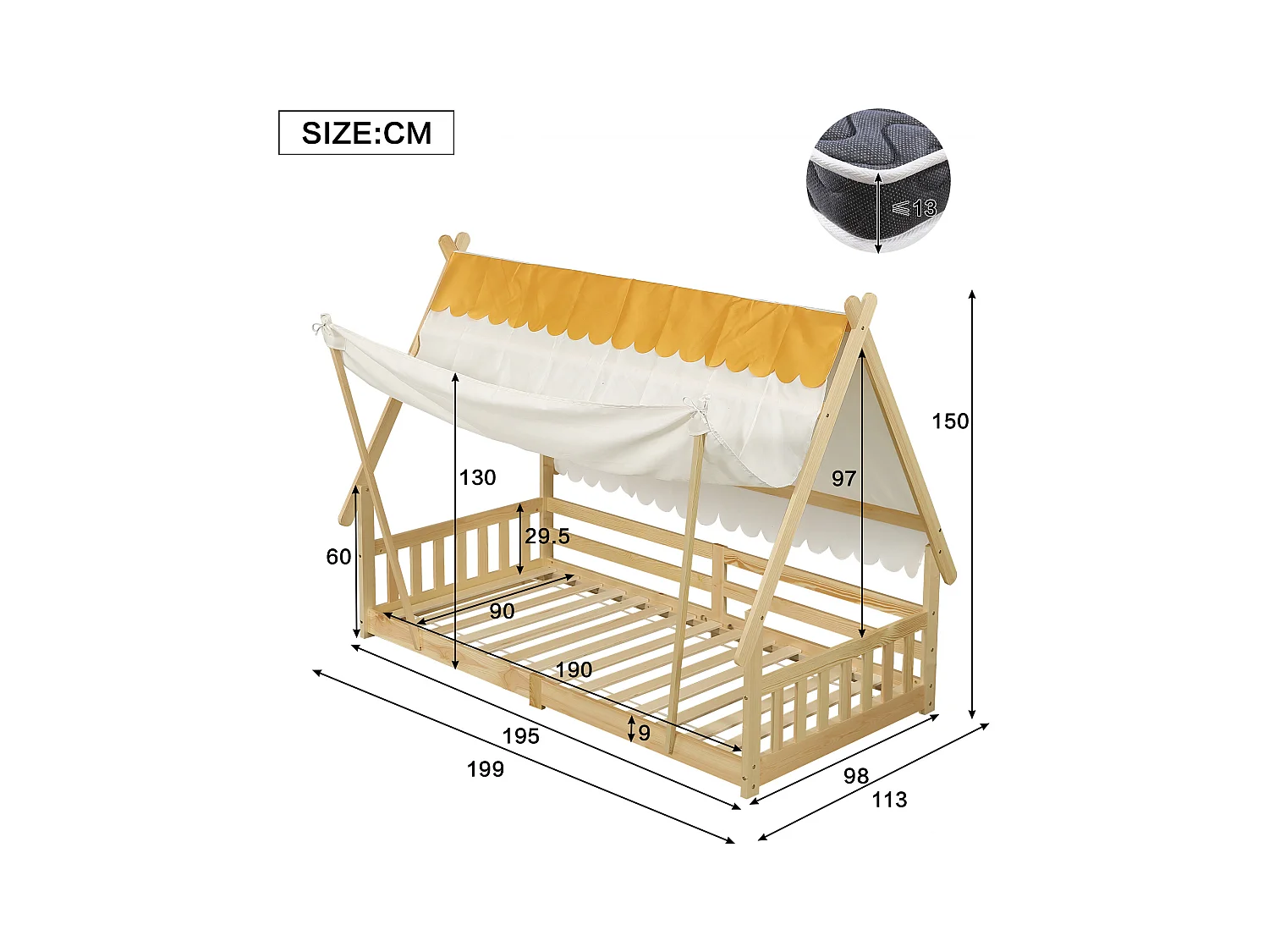 Lit simple 90 x 190 cm - Lit enfant avec barrière et tente - design cabane en rondins - matelas non inclus