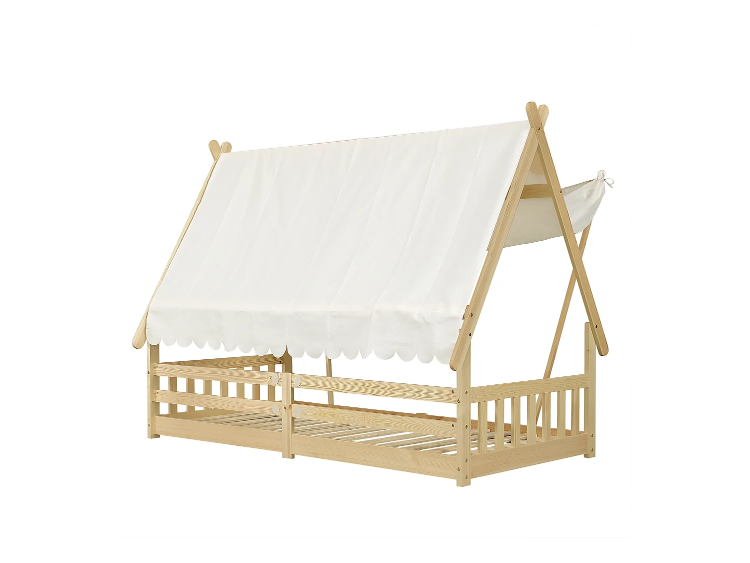 Lit simple 90 x 190 cm - Lit enfant avec barrière et tente - design cabane en rondins - matelas non inclus