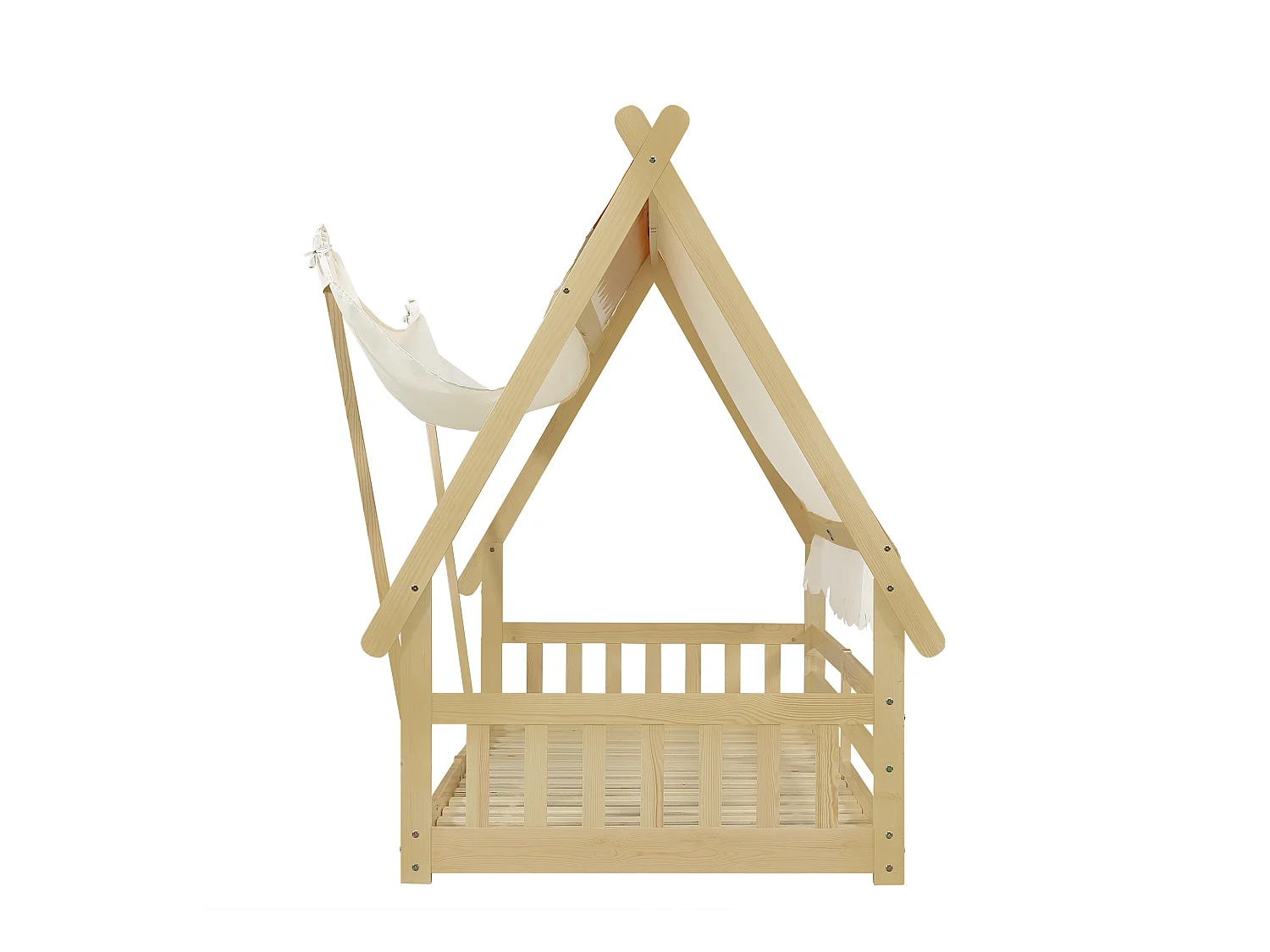 Lit simple 90 x 190 cm - Lit enfant avec barrière et tente - design cabane en rondins - matelas non inclus